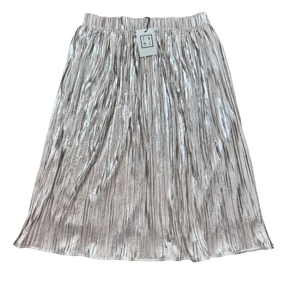 THML NWT Metallic Silver Pleated Midi Skirt Womens Size M Holiday Party Lined - Picture 1 of 8